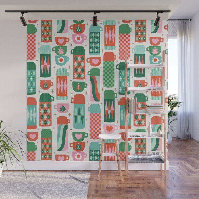 Retro Christmas Thermoses Red Pink and Green on White Wall Mural Gallery Image 1