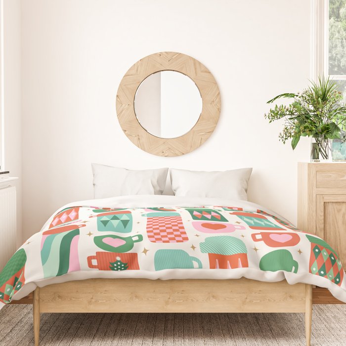 Retro Christmas Thermoses Red Pink and Green on White Duvet Cover Gallery Image 3