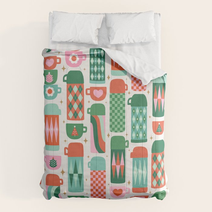 Retro Christmas Thermoses Red Pink and Green on White Comforter Gallery Image 6