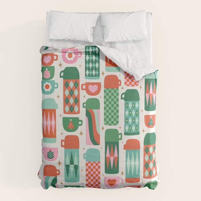 Retro Christmas Thermoses Red Pink and Green on White Duvet Cover Gallery Image 6