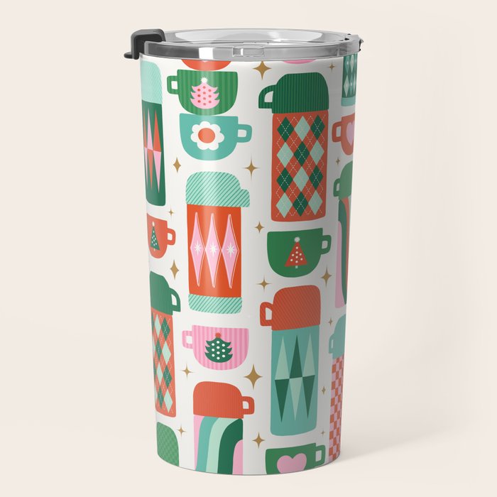 Retro Christmas Thermoses Red Pink and Green on White Travel Mug Gallery Image 3
