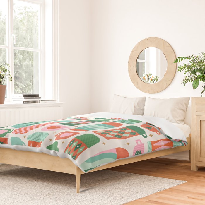 Retro Christmas Thermoses Red Pink and Green on White Duvet Cover Gallery Image 2