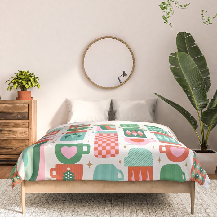 Retro Christmas Thermoses Red Pink and Green on White Comforter Gallery Image 3