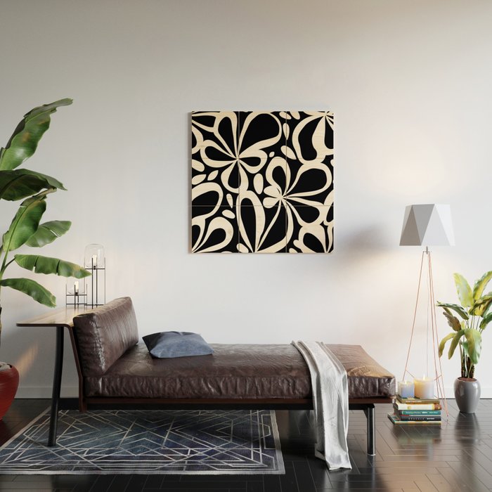Abstract black and white flower art pattern Wood Wall Art Gallery Image 2