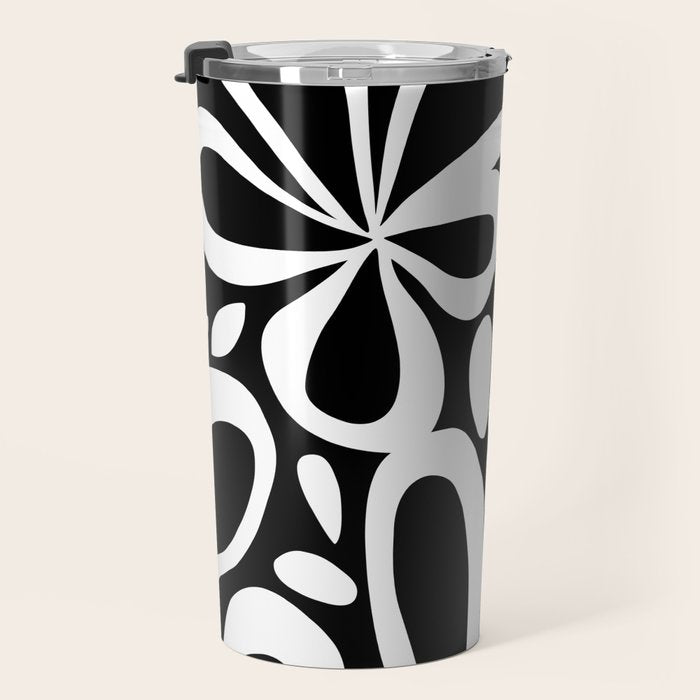 Abstract black and white flower art pattern Travel Mug Gallery Image 3