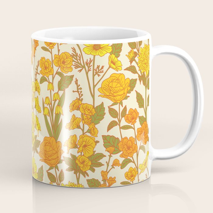 Yellow Vintage-Inspired 70s Floral Cottage Garden Coffee Mug Gallery Image 1