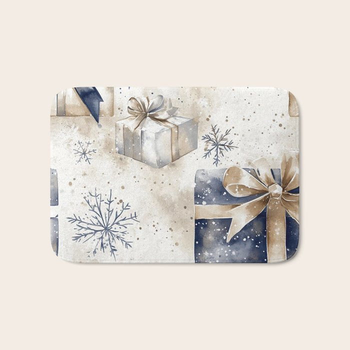 Christmas Holiday Blue Gifts Watercolor Illustration Bath Mat Gallery Image 1