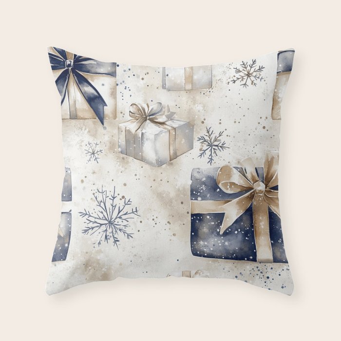 Christmas Holiday Blue Gifts Watercolor Illustration Throw Pillow Gallery Image 1