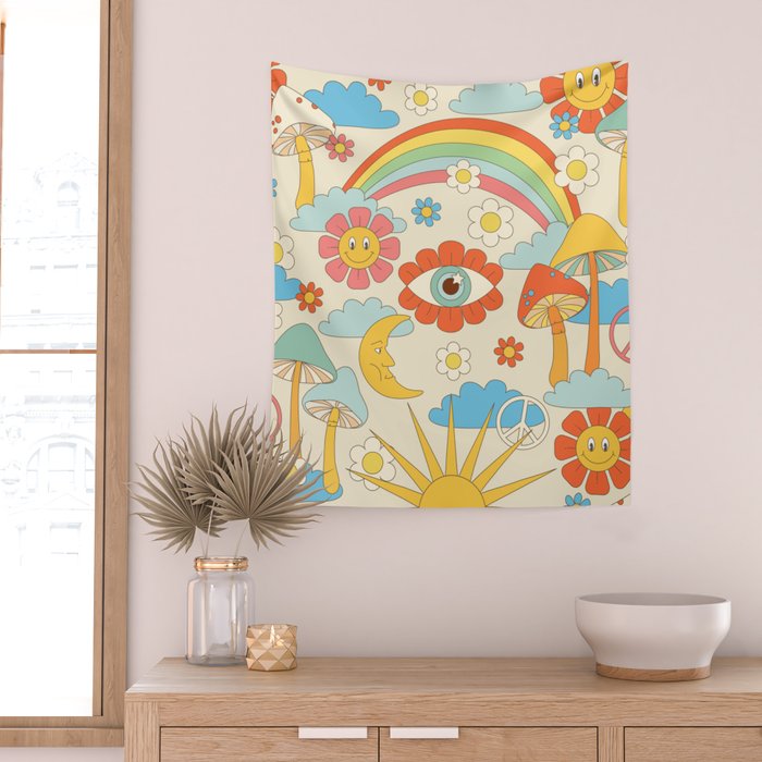 retro fantasy , boho mushroom rainbow trip Wall Tapestry Gallery Image 2