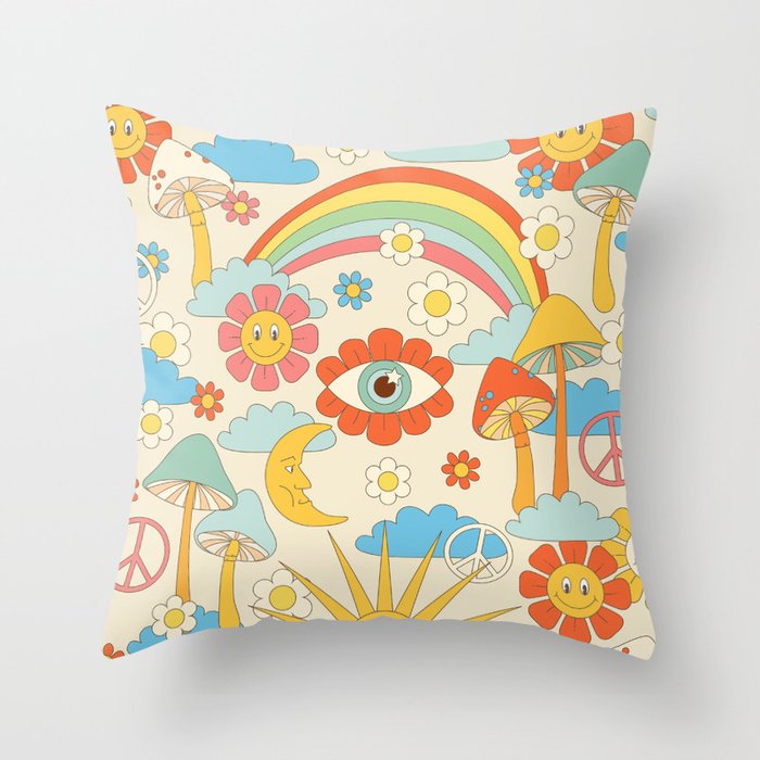 retro fantasy , boho mushroom rainbow trip Throw Pillow Gallery Image 1