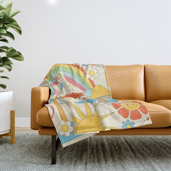 retro fantasy , boho mushroom rainbow trip Throw Blanket Gallery Image 1