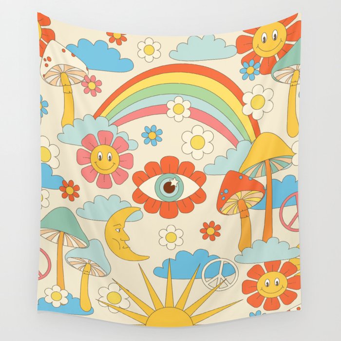 retro fantasy , boho mushroom rainbow trip Wall Tapestry Gallery Image 1