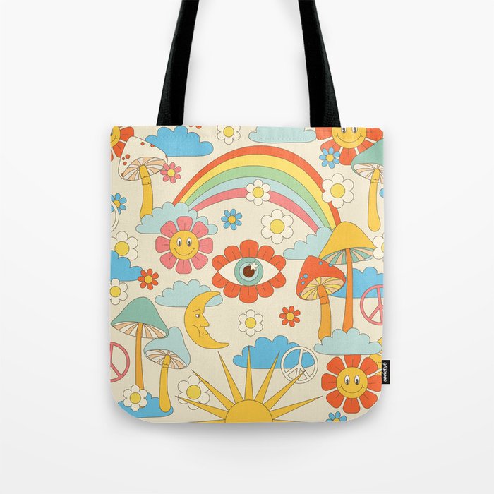 Retro Fantasy , Boho Mushroom Rainbow Trip Tote Bag Gallery Image 1