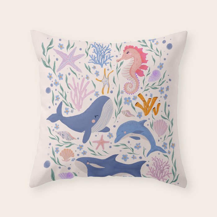 Ocean Whimsy: Charming Underwater Creatures Throw Pillow Gallery Image 1