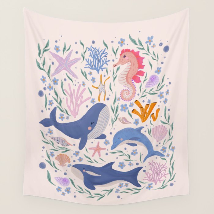 Ocean Whimsy: Charming Underwater Creatures Wall Tapestry Gallery Image 4