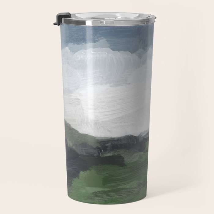 Before Nightfall - Navy Indigo Blue White Clouds Green Farmland Horizon Abstract Nature Painting Travel Mug Gallery Image 3
