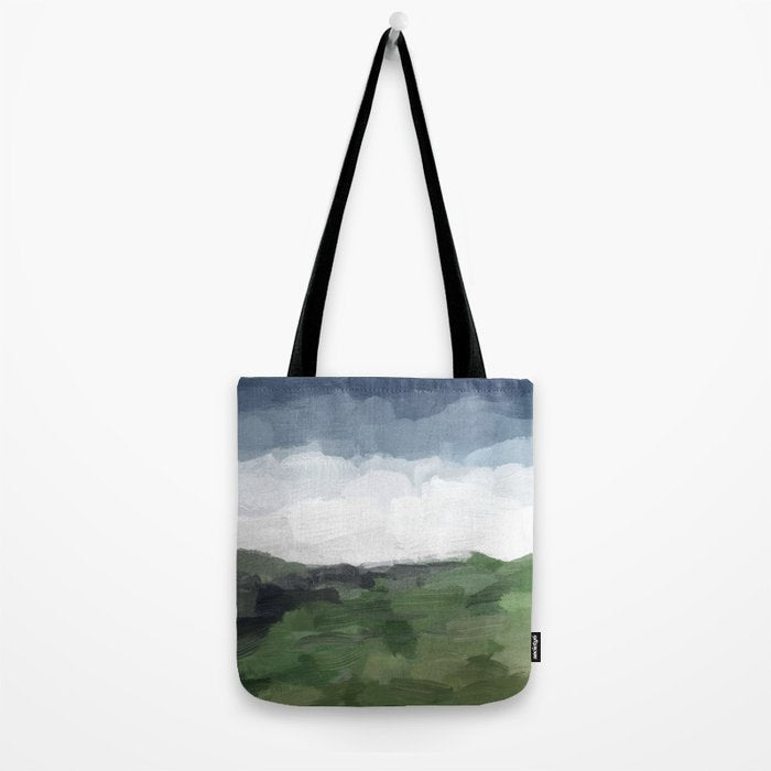 Before Nightfall - Navy Indigo Blue White Clouds Green Farmland Horizon Abstract Nature Painting Tote Bag Gallery Image 2