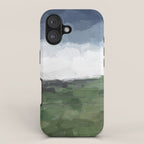 Before Nightfall - Navy Indigo Blue White Clouds Green Farmland Horizon Abstract Nature Painting iPhone Case Gallery Image 1