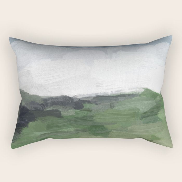 Before Nightfall - Navy Indigo Blue White Clouds Green Farmland Horizon Abstract Nature Painting Rectangular Pillow Gallery Image 1