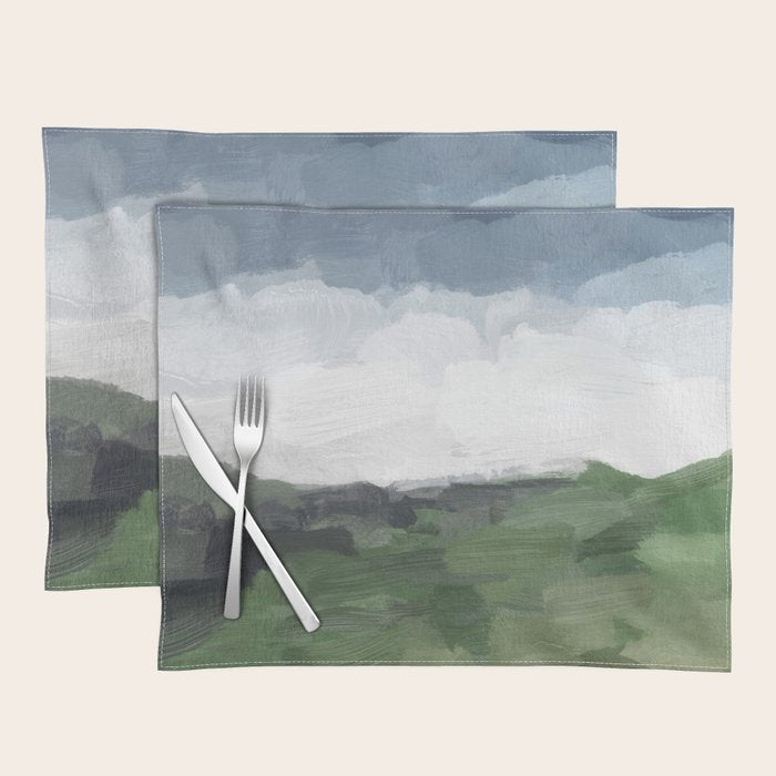 Before Nightfall - Navy Indigo Blue White Clouds Green Farmland Horizon Abstract Nature Painting Placemat