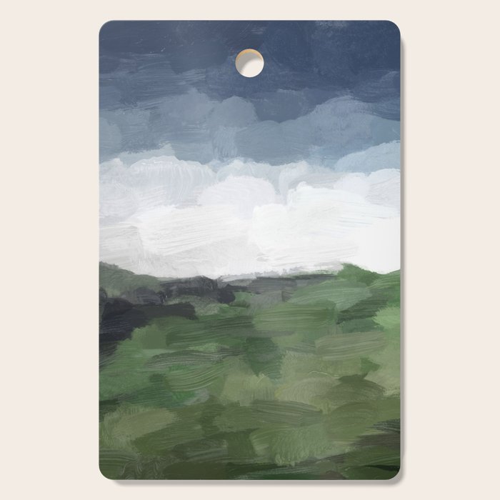 Before Nightfall - Navy Indigo Blue White Clouds Green Farmland Horizon Abstract Nature Painting Cutting Board Gallery Image 1