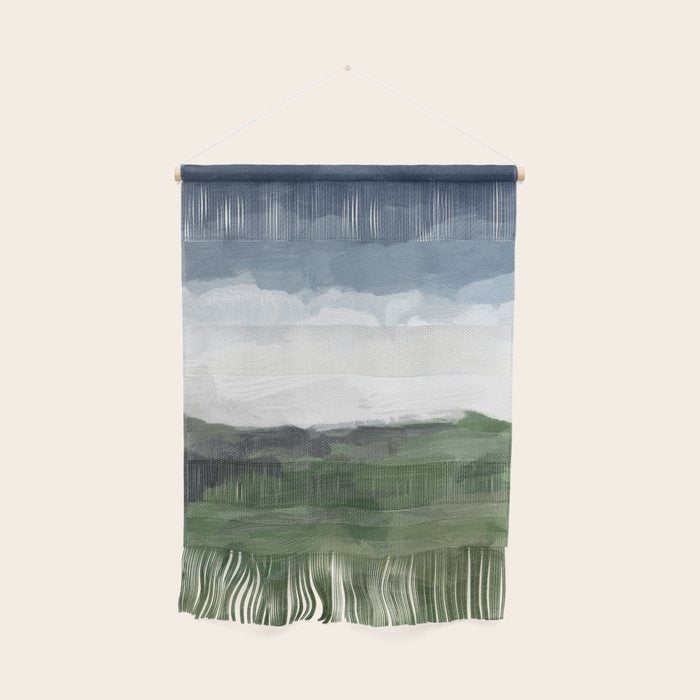 Before Nightfall - Navy Indigo Blue White Clouds Green Farmland Horizon Abstract Nature Painting Wall Hanging Gallery Image 1