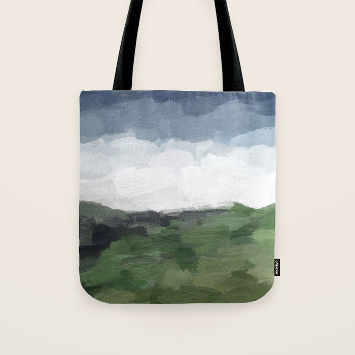 Before Nightfall - Navy Indigo Blue White Clouds Green Farmland Horizon Abstract Nature Painting Tote Bag Gallery Image 1