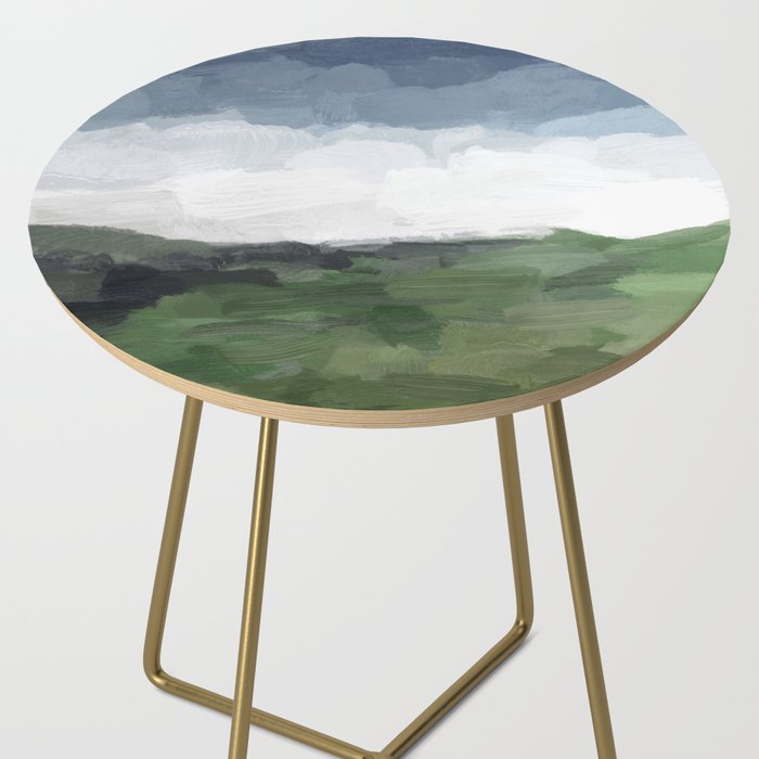 Before Nightfall - Navy Indigo Blue White Clouds Green Farmland Horizon Abstract Nature Painting Side Table Gallery Image 2