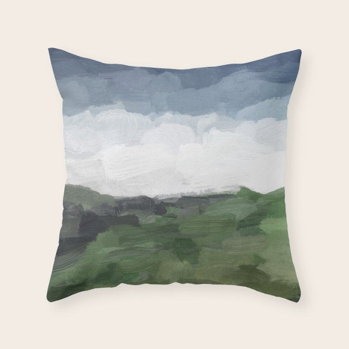 Before Nightfall - Navy Indigo Blue White Clouds Green Farmland Horizon Abstract Nature Painting Throw Pillow Gallery Image 6