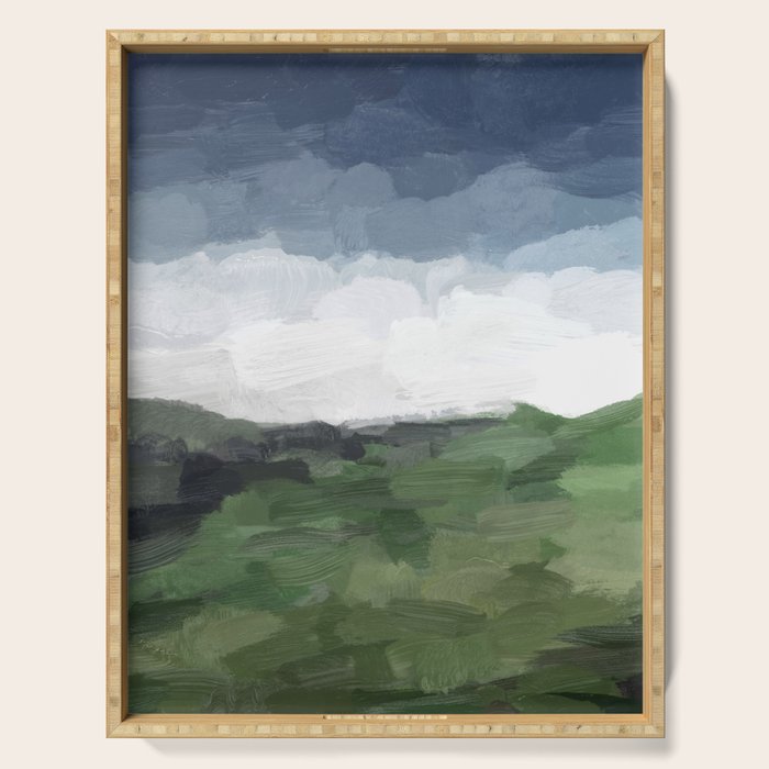 Before Nightfall - Navy Indigo Blue White Clouds Green Farmland Horizon Abstract Nature Painting Serving Tray Gallery Image 1