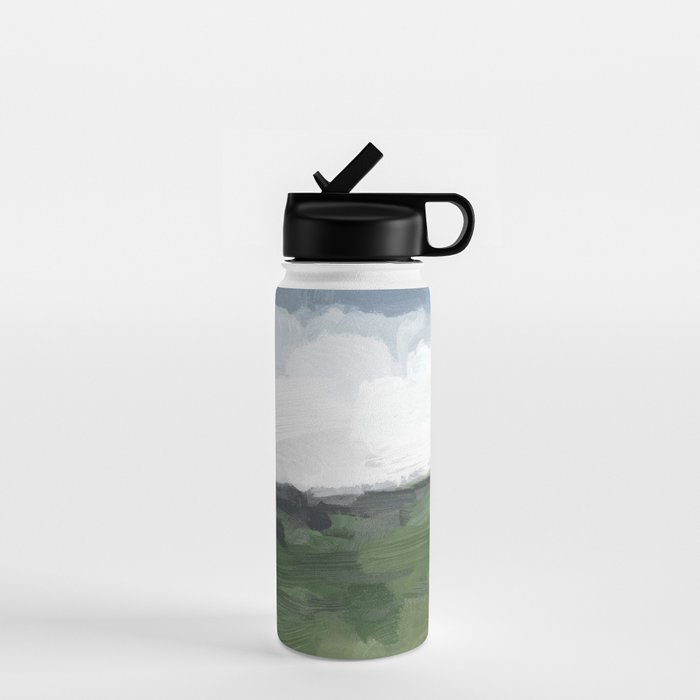 Before Nightfall - Navy Indigo Blue White Clouds Green Farmland Horizon Abstract Nature Painting Water Bottle Gallery Image 1