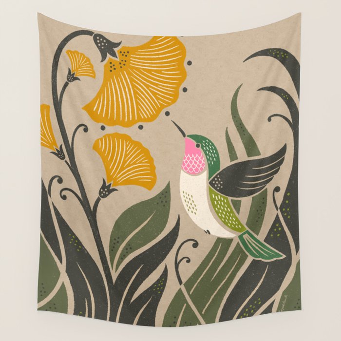 Hummingbird and Flowers Wall Tapestry Gallery Image 1