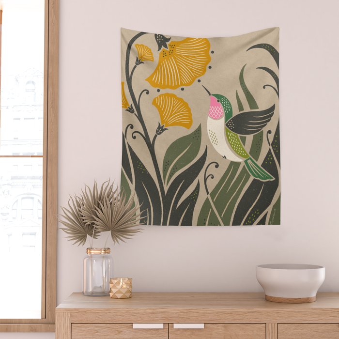 Hummingbird and Flowers Wall Tapestry Gallery Image 2