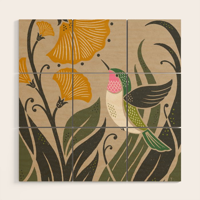 Hummingbird and Flowers Wood Wall Art Gallery Image 1