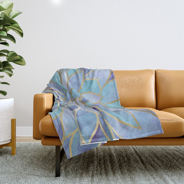 Flower Bloom, Teal, Turquoise, Purple, Gold Throw Blanket Gallery Image 1
