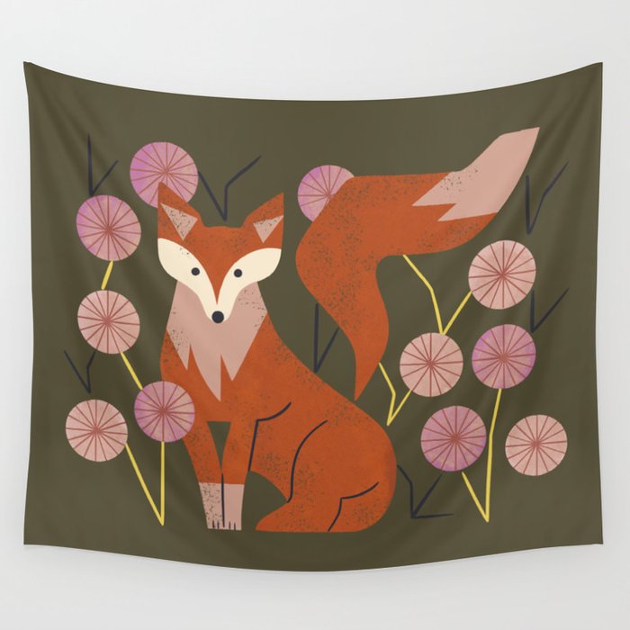 Shy Fox and Wildflowers Wall Tapestry Gallery Image 1