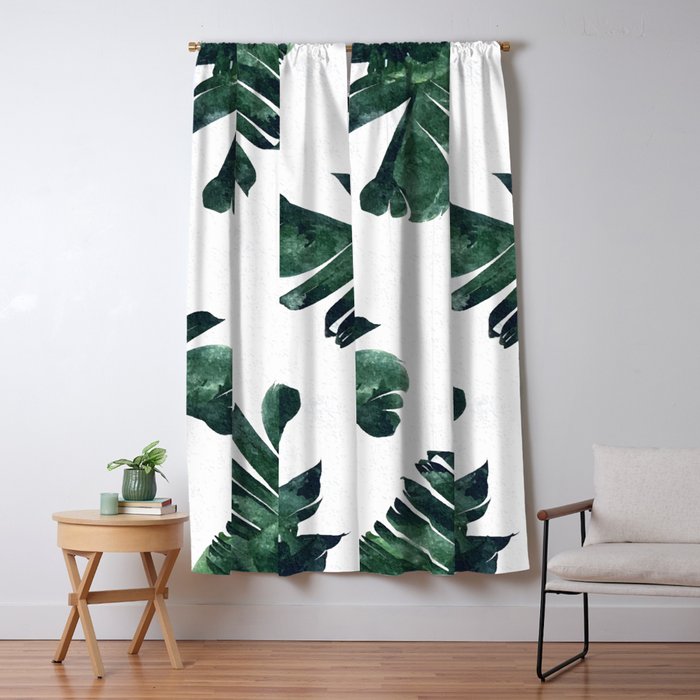 Banana Leaf Watercolor Painting, Tropical Nature Botanical Palm Illustration Bohemian Minimal Luxe Window Curtain Gallery Image 1