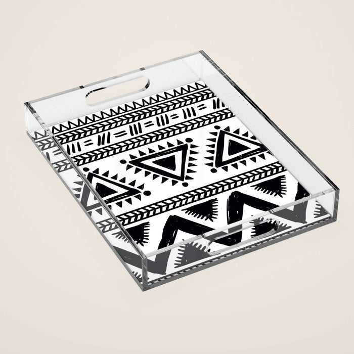 Tribal black and white Acrylic Tray Gallery Image 1