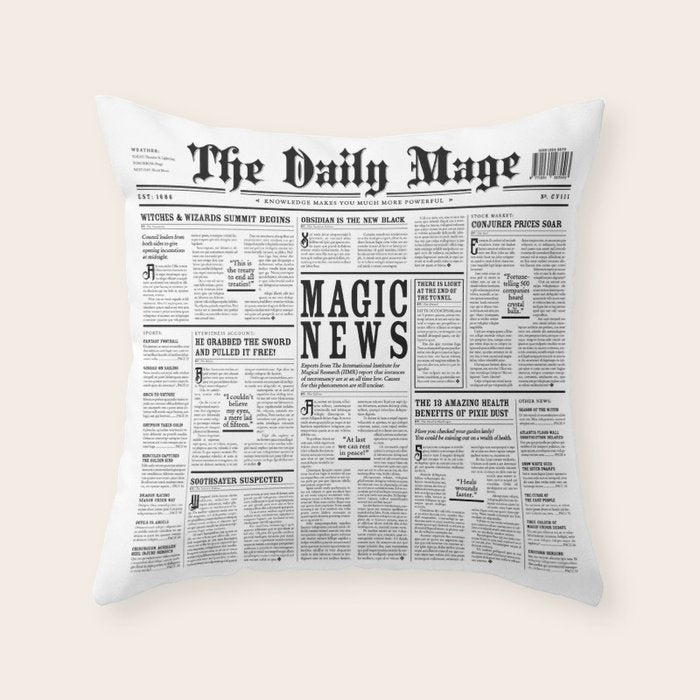 The Daily Mage Fantasy Newspaper Throw Pillow Gallery Image 1