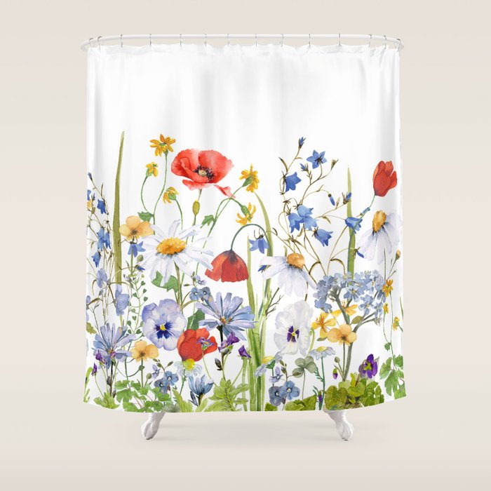Scandinavian Colorful Midsummer Wildflowers Meadow  Shower Curtain Gallery Image 1