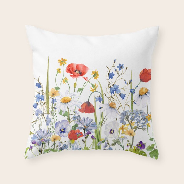 Scandinavian Colorful Midsummer Wildflowers Meadow  Throw Pillow Gallery Image 1