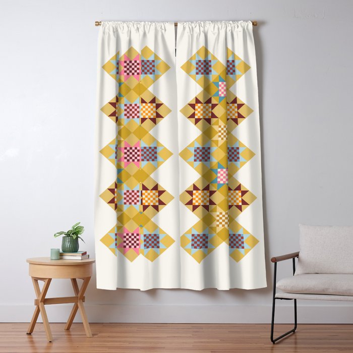 Checkerboard Quilt Shapes - Multicolor Gold Window Curtain Gallery Image 5