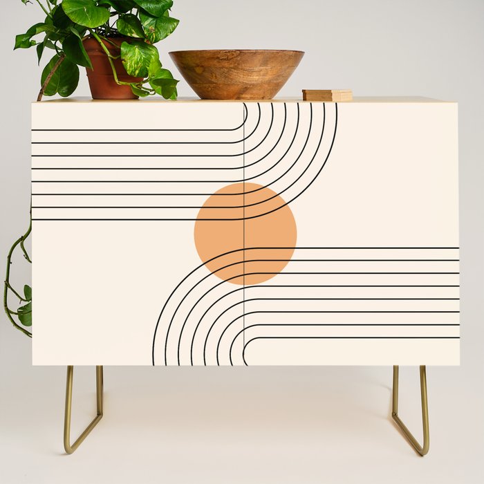 Geometric Lines in Black and Beige 14 (Rainbow and Sun Abstraction) Credenza Gallery Image 1