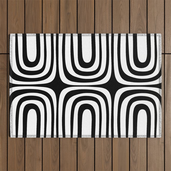 Midcentury Modern Confaab Abstract Pattern in Black and White Outdoor Rug Gallery Image 1