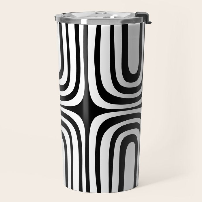 Midcentury Modern Confaab Abstract Pattern in Black and White Travel Mug Gallery Image 2