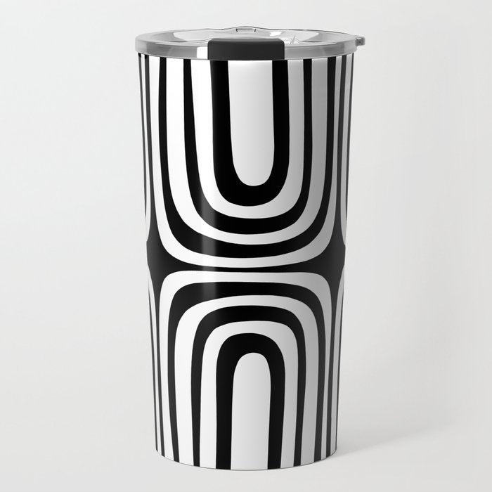 Midcentury Modern Confaab Abstract Pattern in Black and White Travel Mug Gallery Image 1