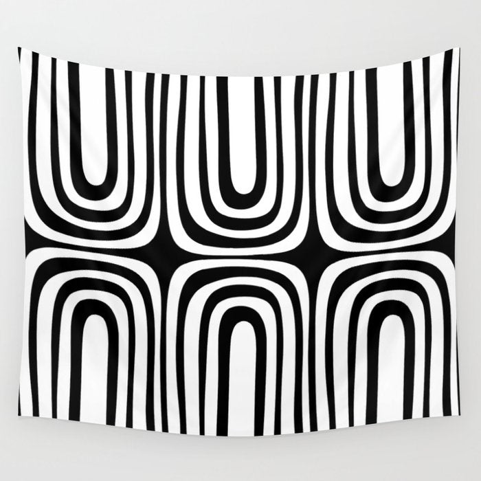 Midcentury Modern Confaab Abstract Pattern in Black and White Wall Tapestry Gallery Image 1