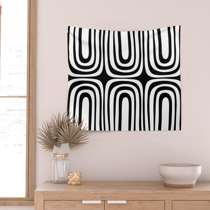 Midcentury Modern Confaab Abstract Pattern in Black and White Wall Tapestry Gallery Image 2