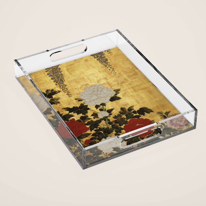 Vintage Japanese Floral Gold Leaf Screen With Wisteria and Peonies Acrylic Tray Gallery Image 1
