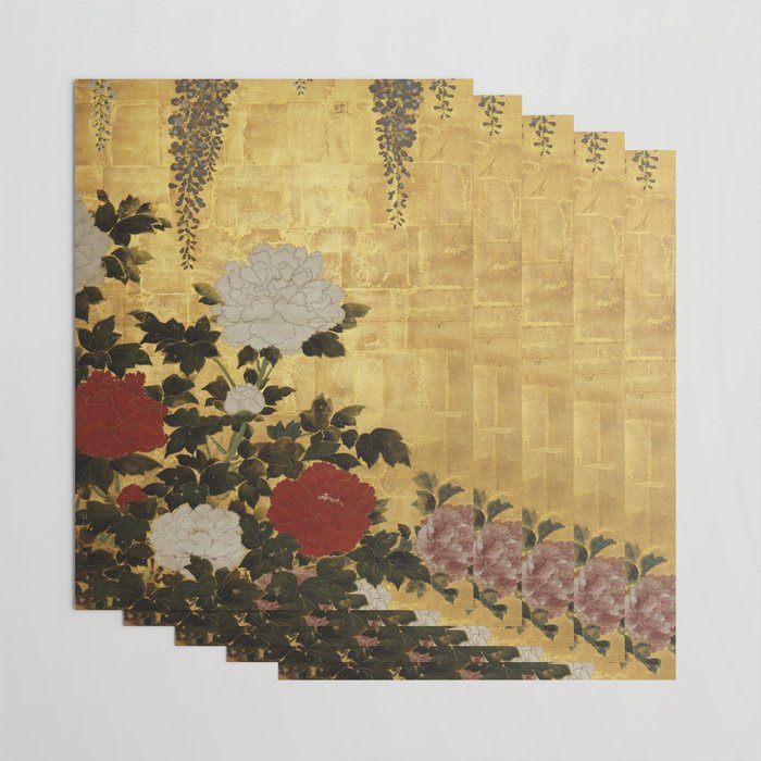 Vintage Japanese Floral Gold Leaf Screen With Wisteria and Peonies Wrapping Paper Gallery Image 3